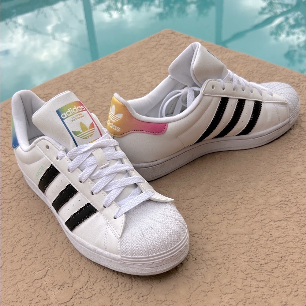Adidas Black Stripe Superstar Sneakers with Rainbow Accents